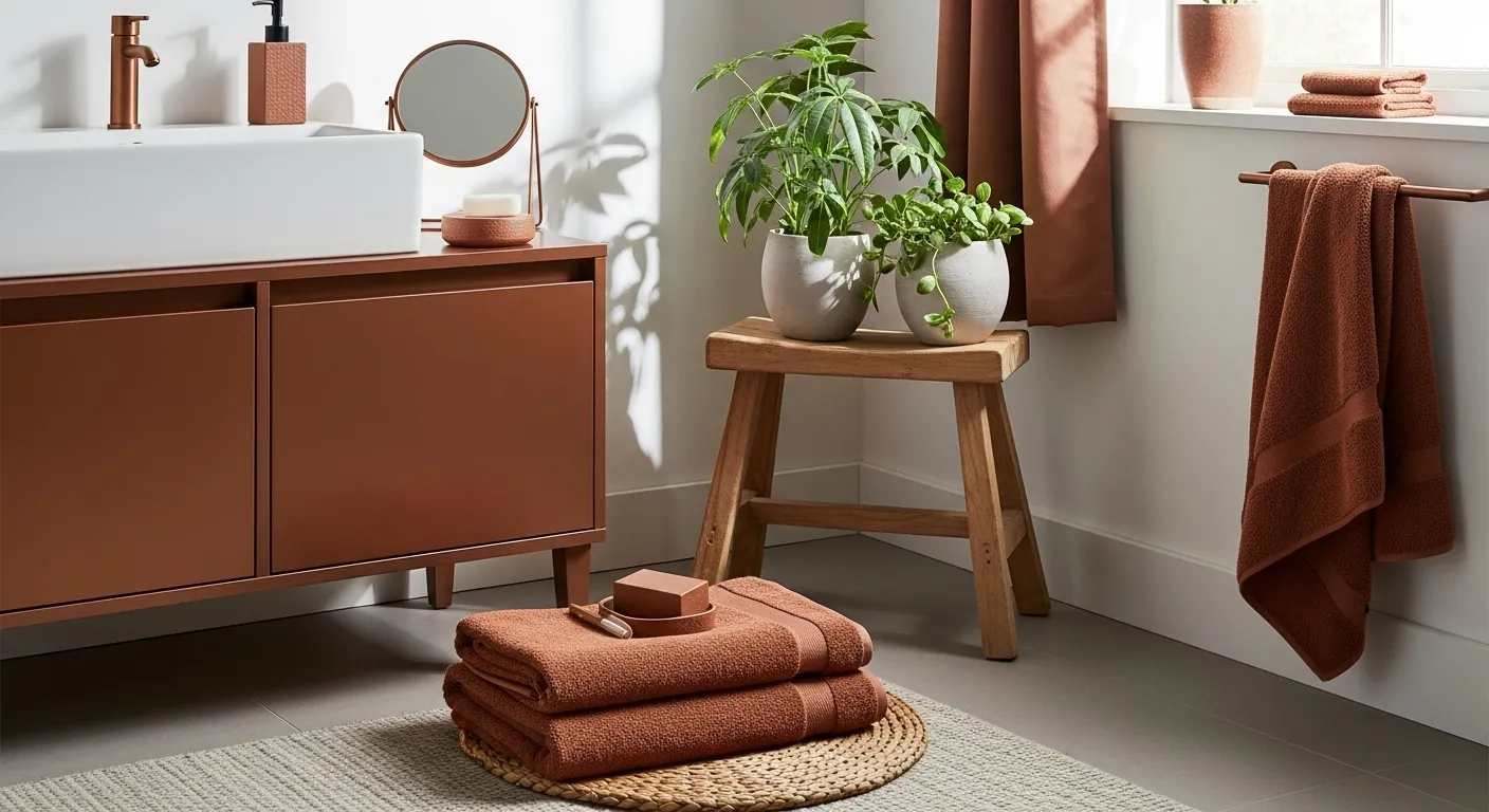 Japandi bathroom with bronze vanity, white sink, warm towels, and greenery