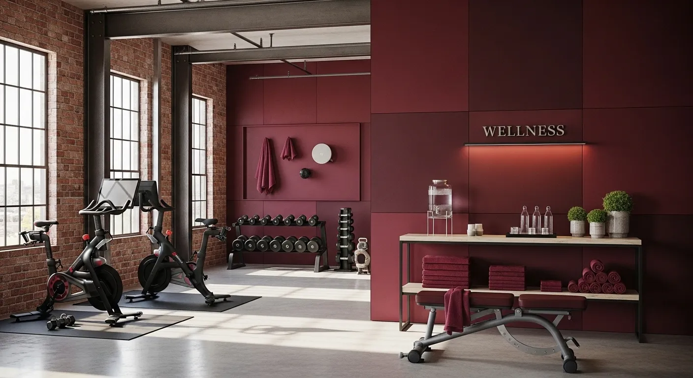 Industrial home gym with exposed brick walls, black metal equipment, and deep burgundy accents