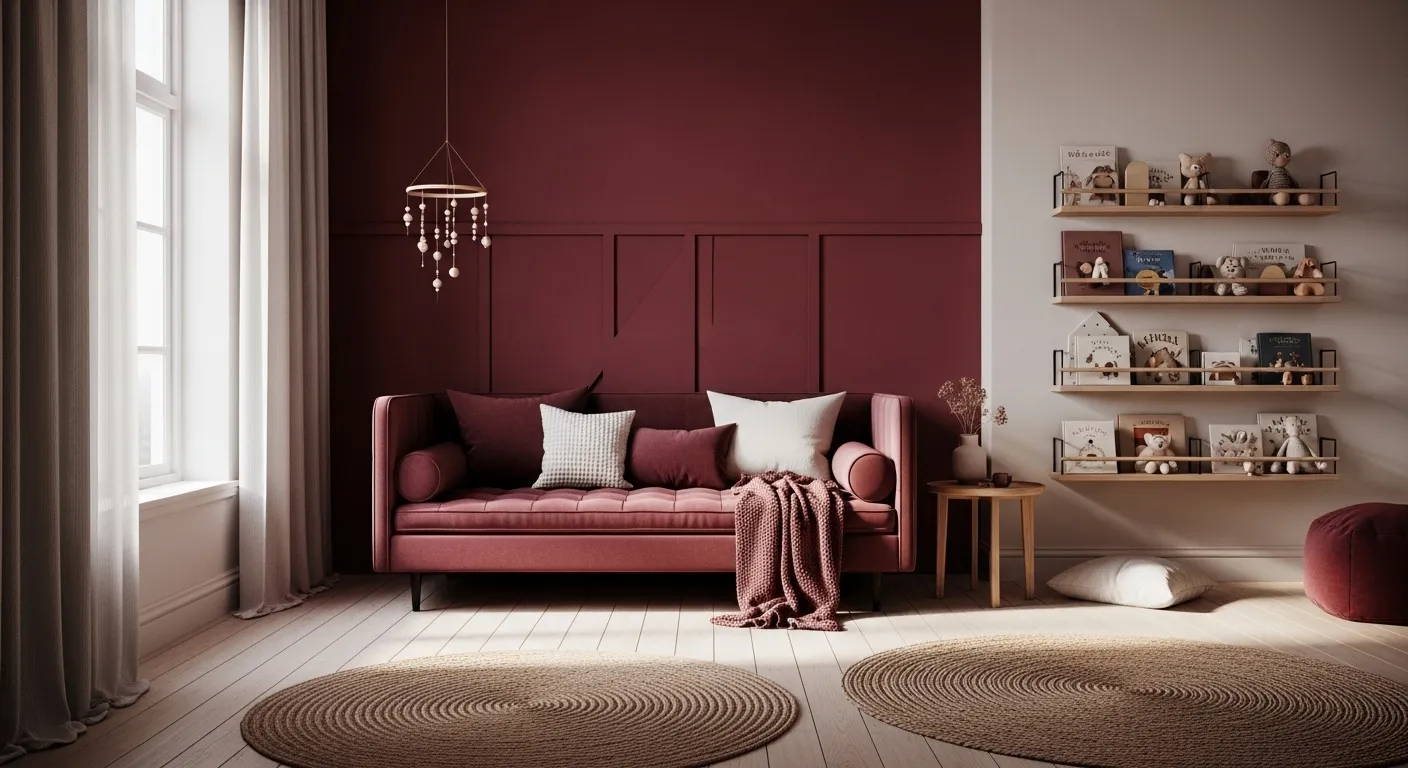 Scandinavian nursery featuring light wood furniture and deep burgundy textile accents
