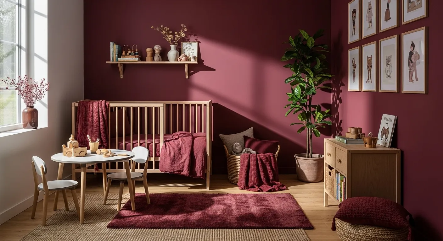 Scandinavian nursery featuring a deep burgundy canopy over a light wood crib