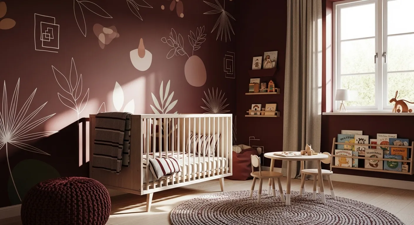Scandinavian nursery featuring warm burgundy accents and minimalist light wood furniture