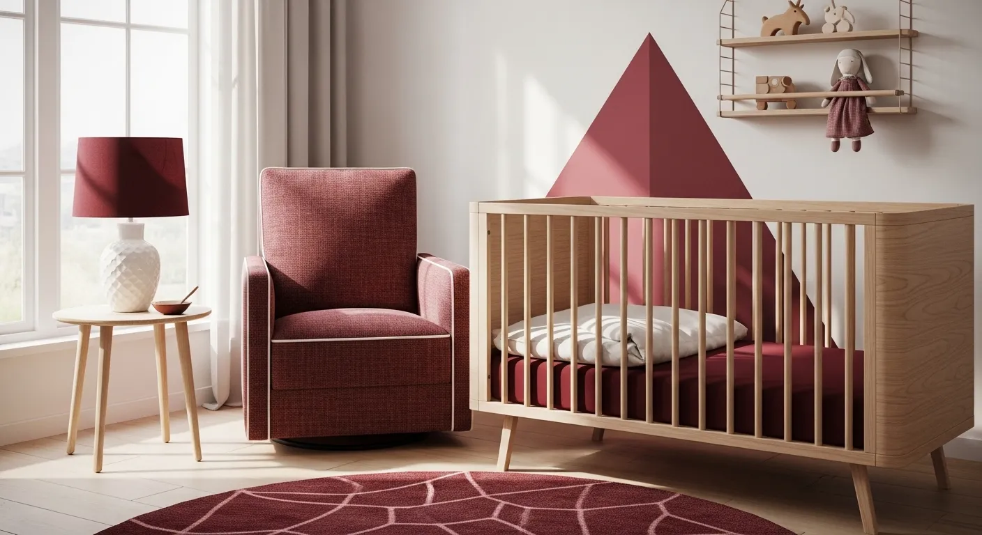 Minimalist Scandi nursery featuring deep burgundy walls and light wood crib