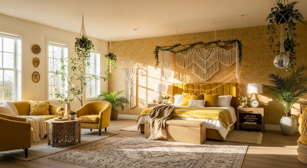 Sunlit bohemian bedroom with butter yellow bed, macrame canopy, and plants