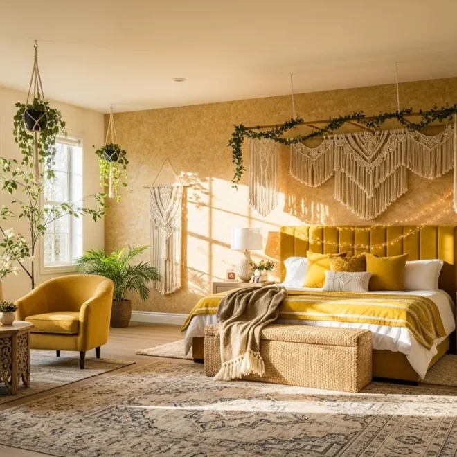 Sunlit bohemian bedroom with butter yellow bed, macrame canopy, and plants