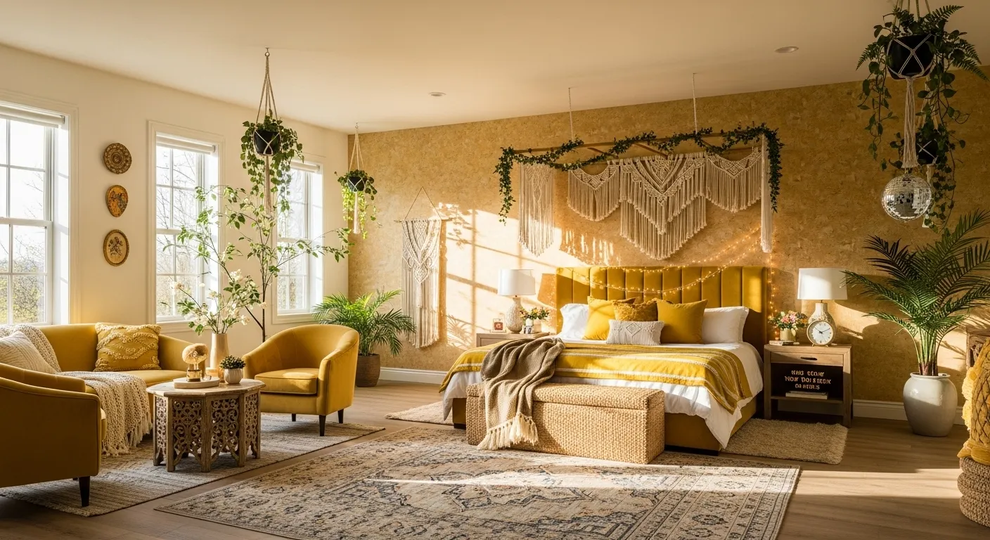 Sunlit bohemian bedroom with butter yellow bed, macrame canopy, and plants
