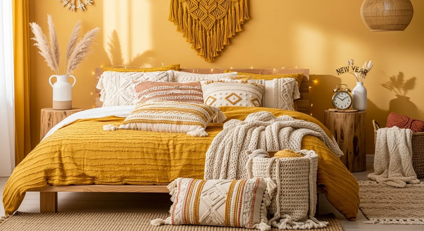 Bohemian bedroom in butter yellow with textured bedding, macramé, and warm lighting