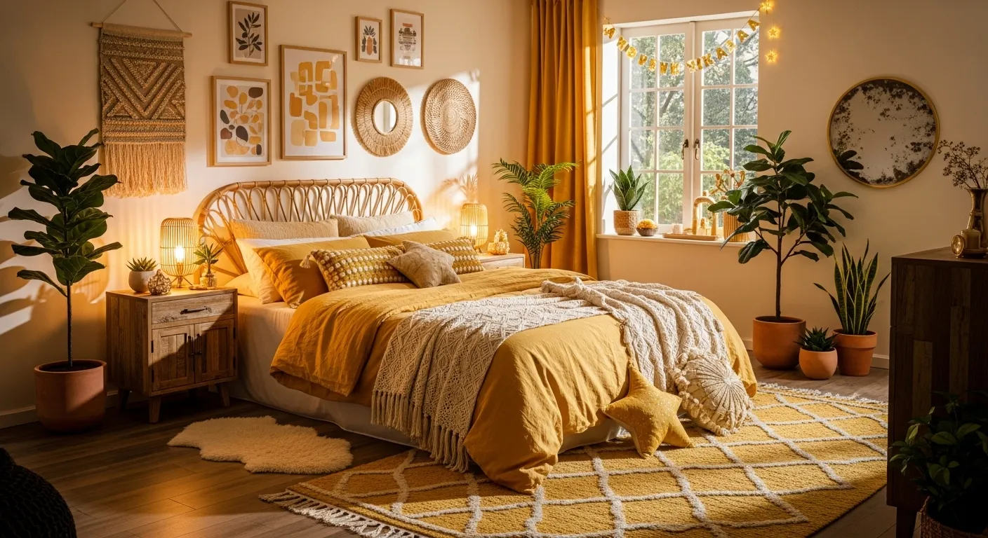 Butter yellow boho bedroom with rattan bed, mustard curtains, woven wall decor