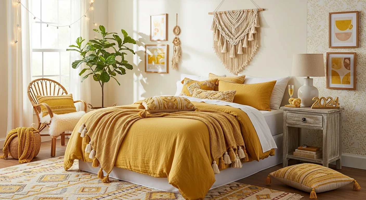 Butter yellow boho bedroom with macramé wall hanging, layered bedding, and rattan chair