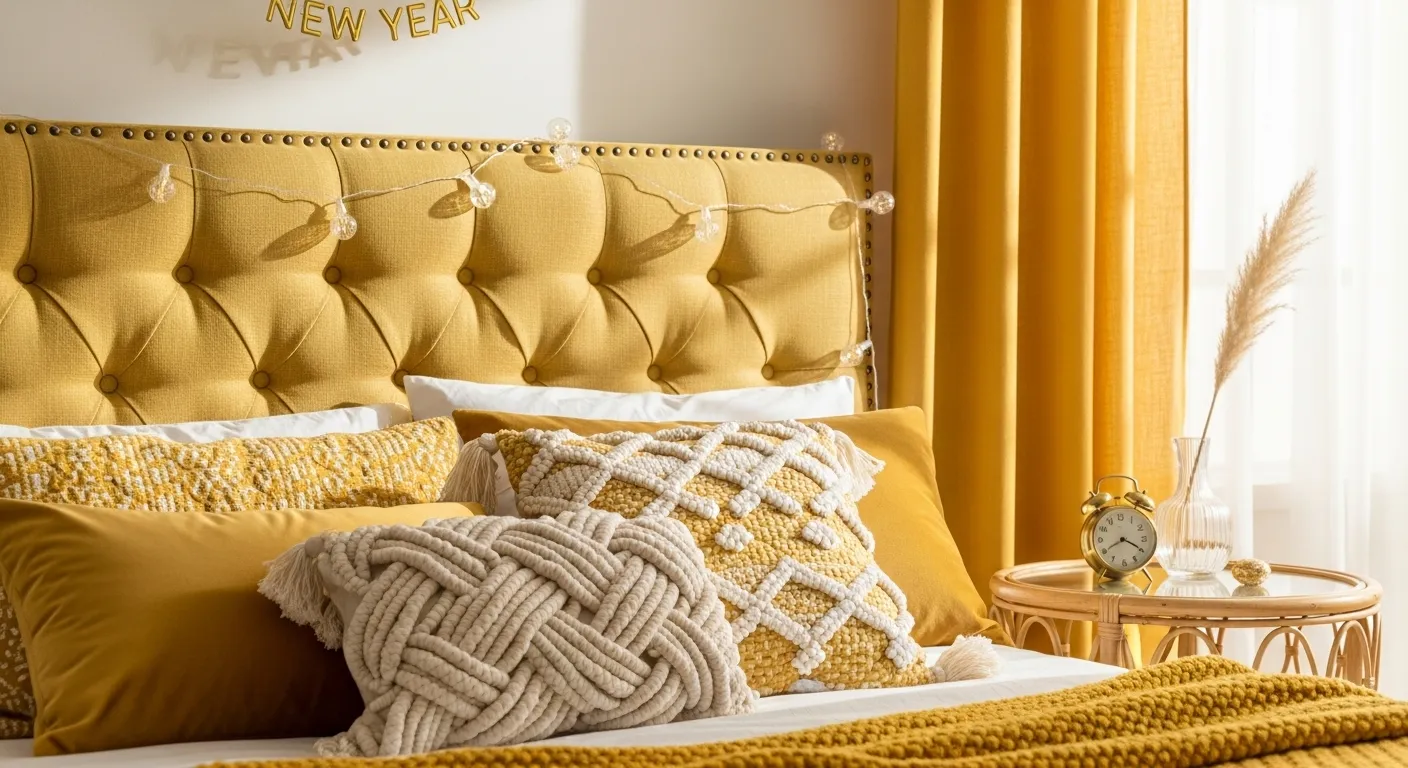 Butter yellow boho bedroom with tufted headboard, textured pillows, rattan side table