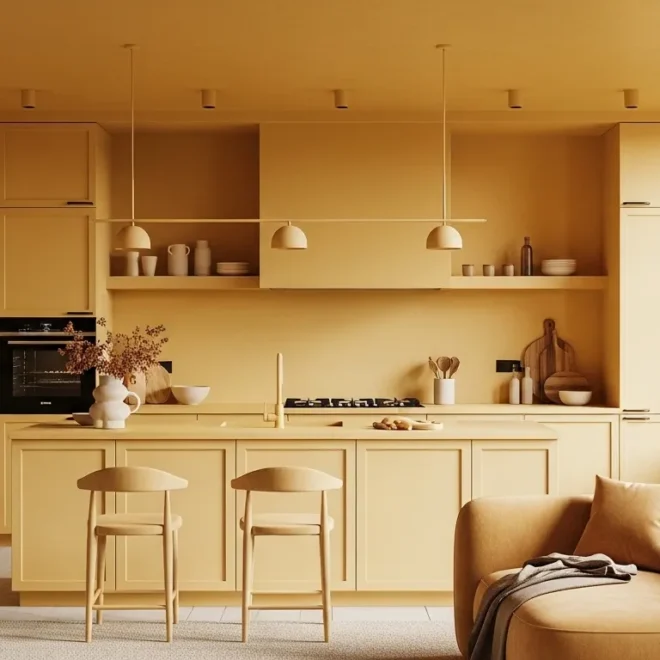 Minimalist kitchen featuring sleek butter yellow cabinets and clean white quartz countertops