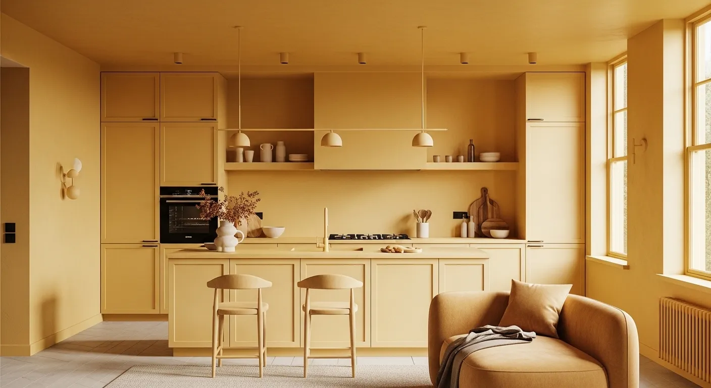 Minimalist kitchen featuring sleek butter yellow cabinets and clean white quartz countertops