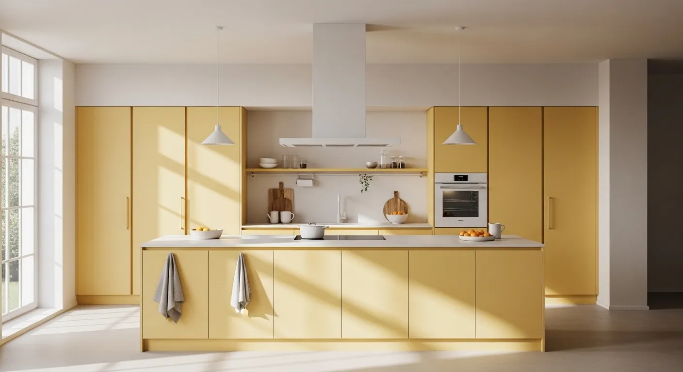 Modern minimalist kitchen featuring soft butter yellow flat-panel cabinets and white quartz countertops