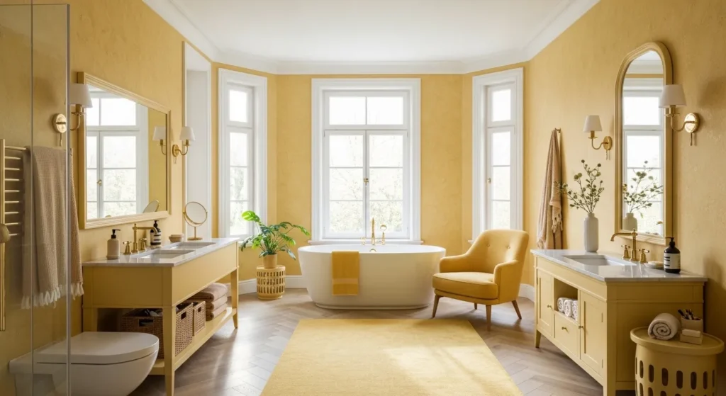 Minimalist Scandinavian bathroom featuring soft butter yellow tiles and light wood accents