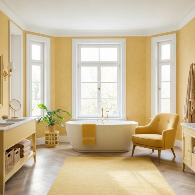 Minimalist Scandinavian bathroom featuring soft butter yellow tiles and light wood accents