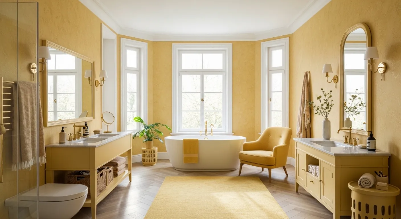 Minimalist Scandinavian bathroom featuring soft butter yellow tiles and light wood accents