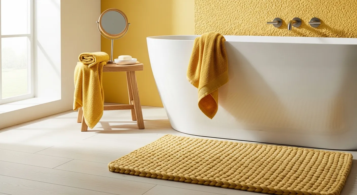 Bright Scandinavian bathroom featuring soft butter yellow tiles and light wood accents