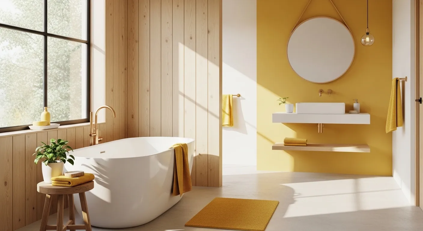 Bright Scandinavian bathroom featuring butter yellow subway tiles and natural wood accents