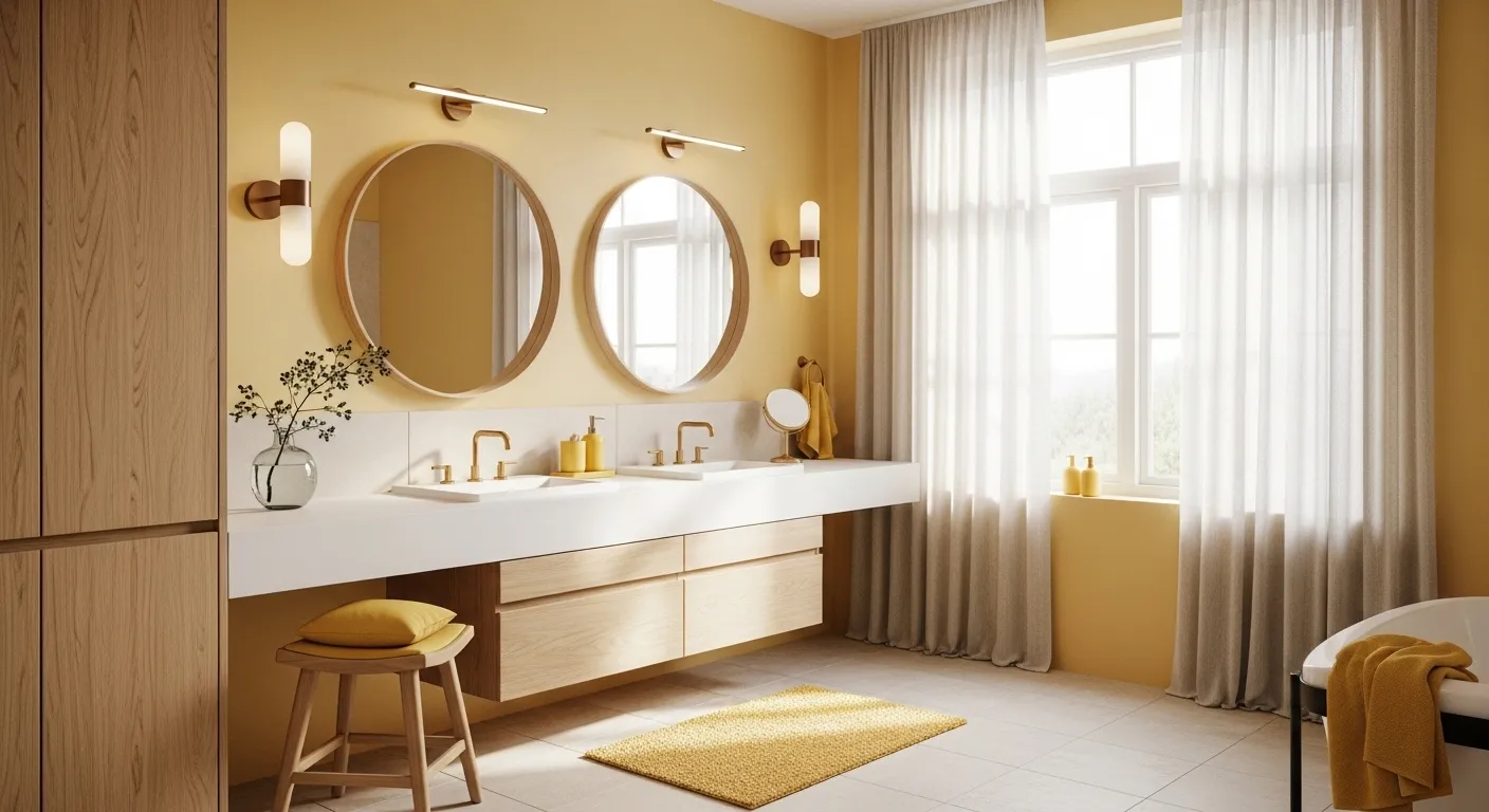 Bright Scandi bathroom featuring a butter yellow vanity and white subway tiles