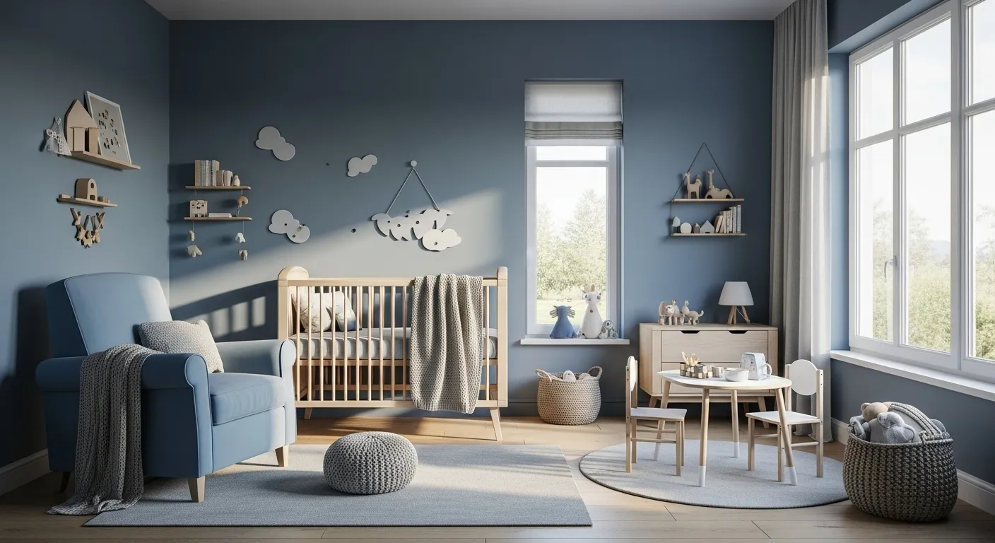 Scandi style nursery with dusty blue walls, wooden furniture, and cozy decor for a calming kids' room.