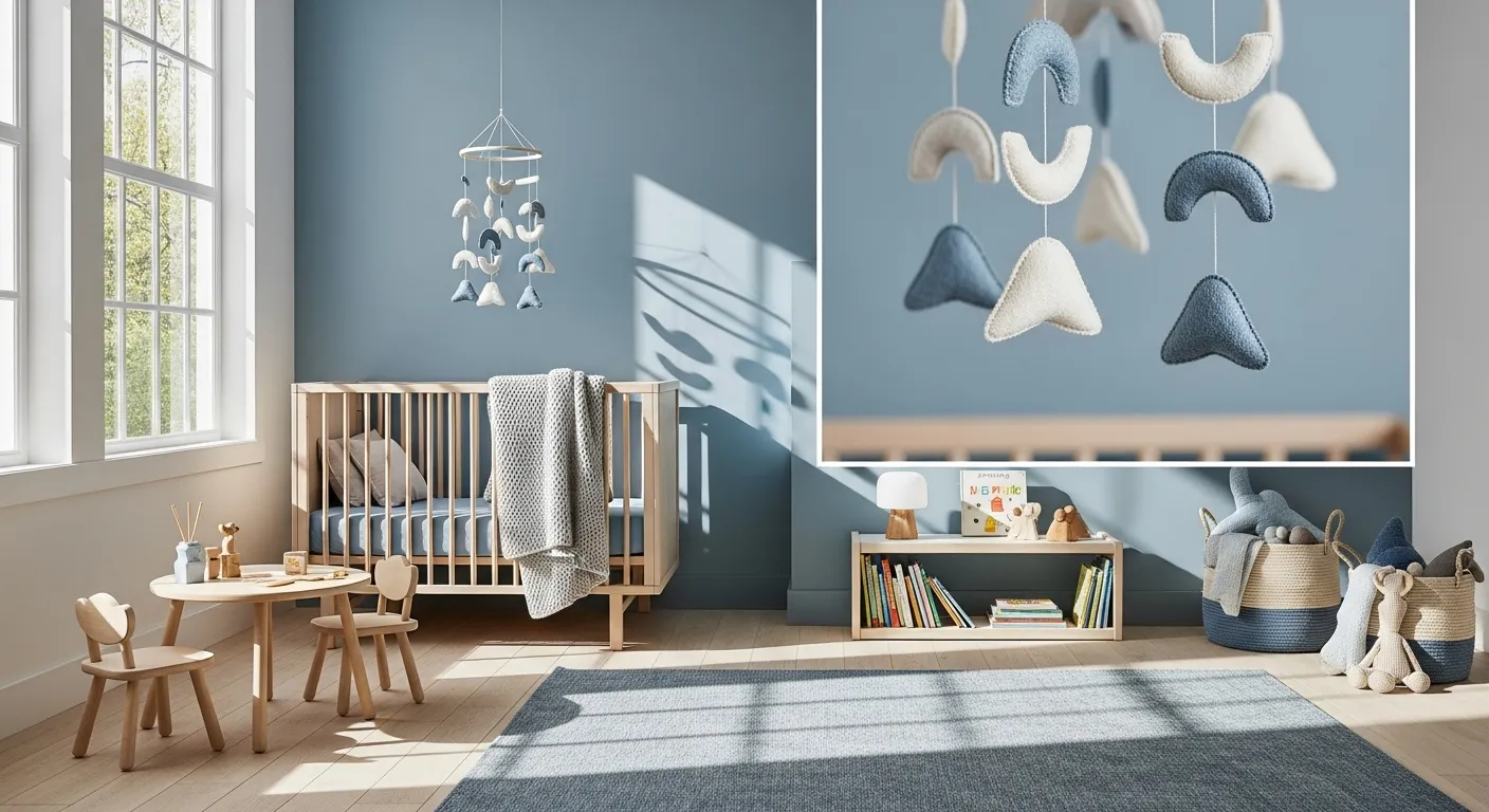 Bright Scandinavian nursery with dusty blue walls, natural wood crib, and playful decor.