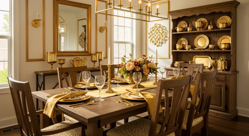 Elegant farmhouse dining room with gold accents and floral centerpiece.