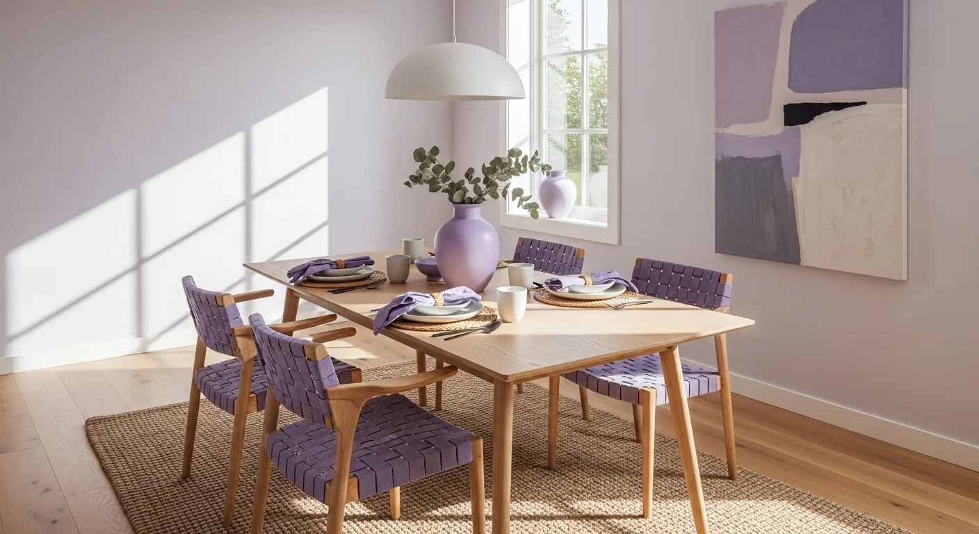 Scandinavian dining room in lavender tones, featuring wooden table, woven chairs, and natural light.