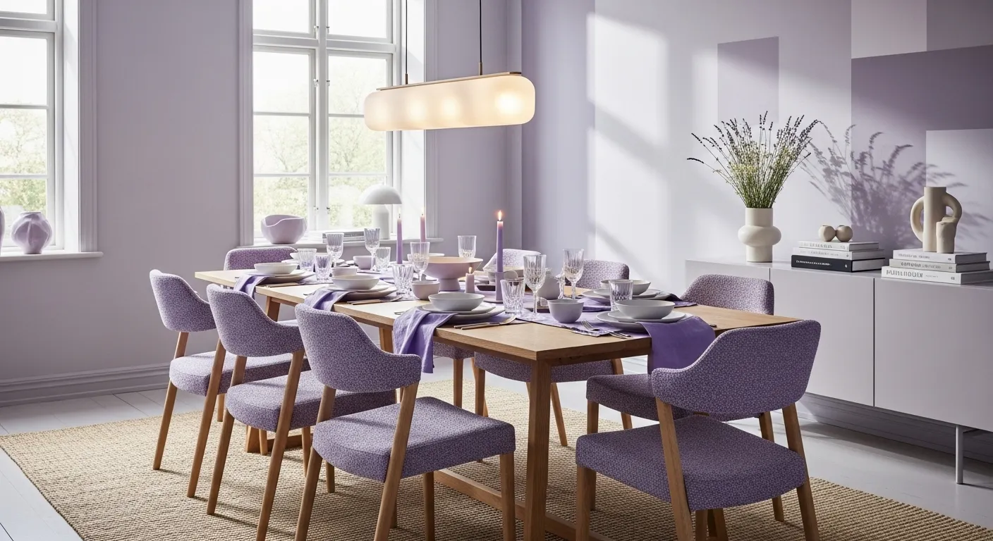 Scandi style dining room in lavender tones with wooden accents and elegant table setting.