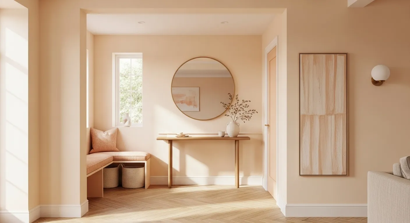 Minimalist entryway featuring creamy peach tones, natural light, and stylish decor elements.