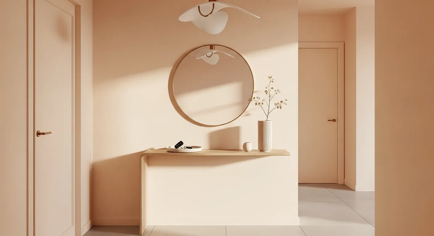Stylish minimalist entryway in creamy peach tones with a round mirror and modern decor.