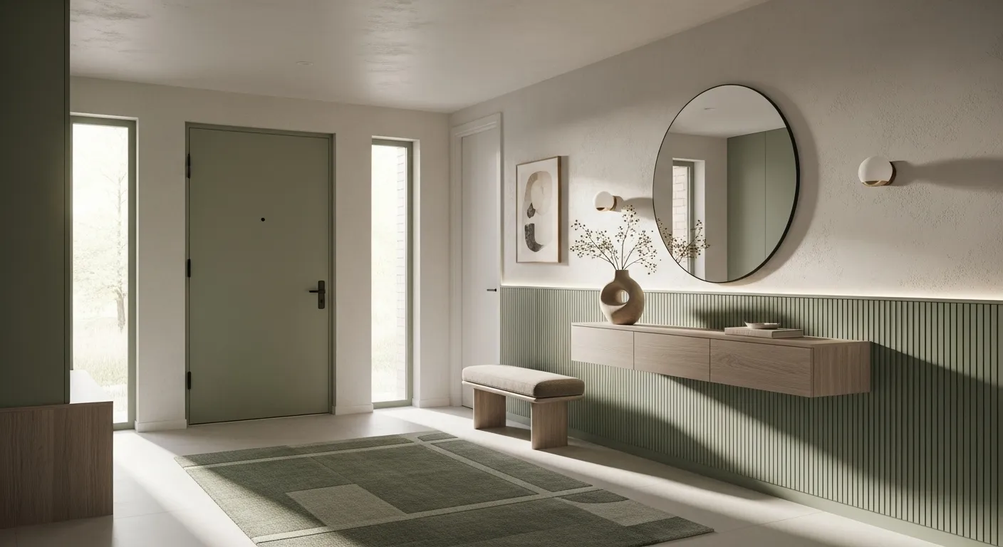 Stylish minimalist entryway featuring sage green walls, natural wood accents, and a serene atmosphere.