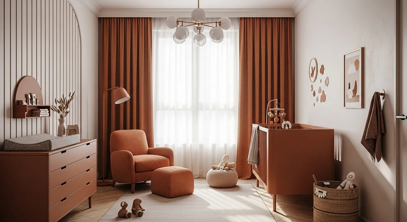 A minimalist nursery designed with a warm rust color palette, featuring modern furniture and cozy decor.
