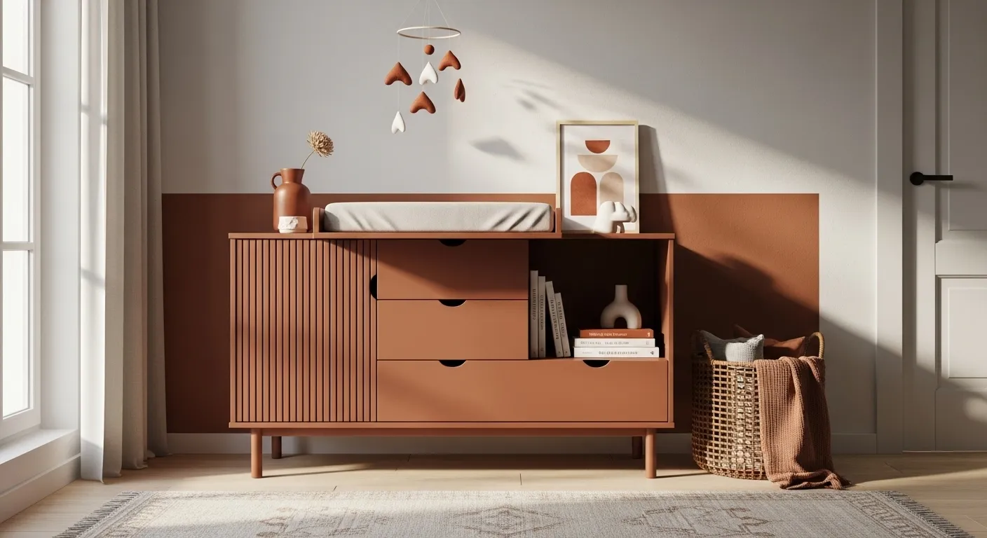 A minimalist nursery featuring a rust color palette with stylish furniture and decor.