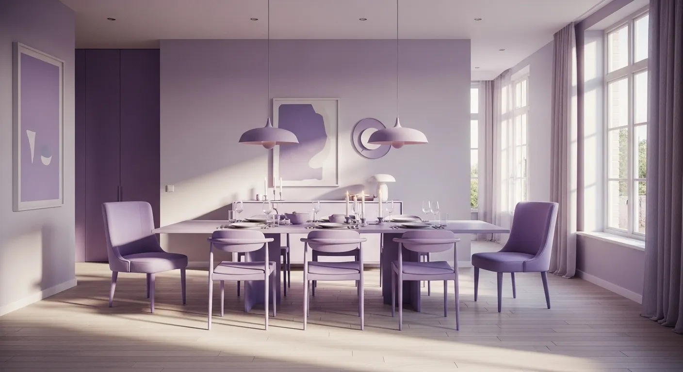 Elegant Scandinavian dining room featuring a soothing lavender color palette and minimalist decor.