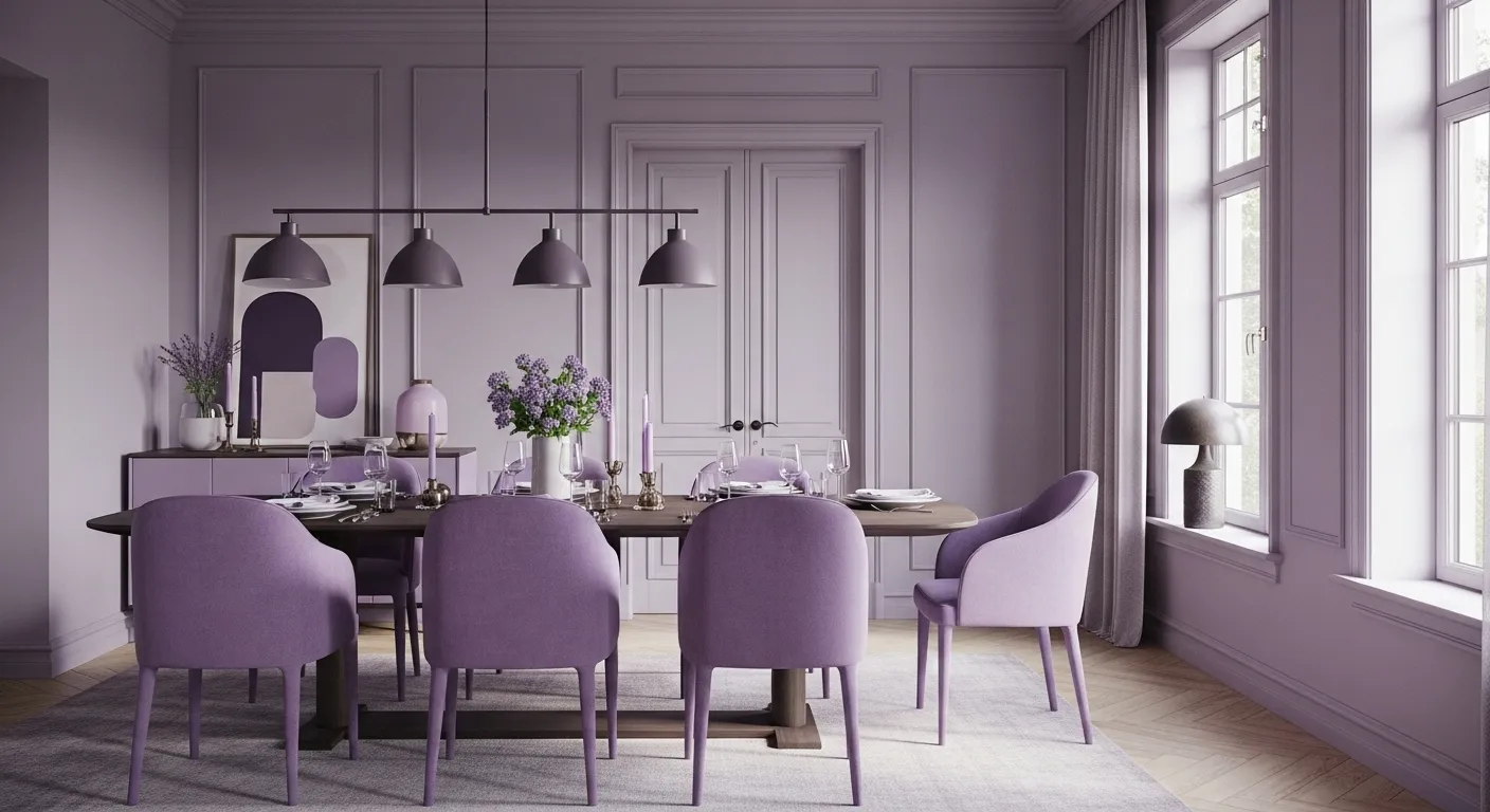 Scandi dining room featuring lavender decor, elegant chairs, and bright windows for a cozy atmosphere.