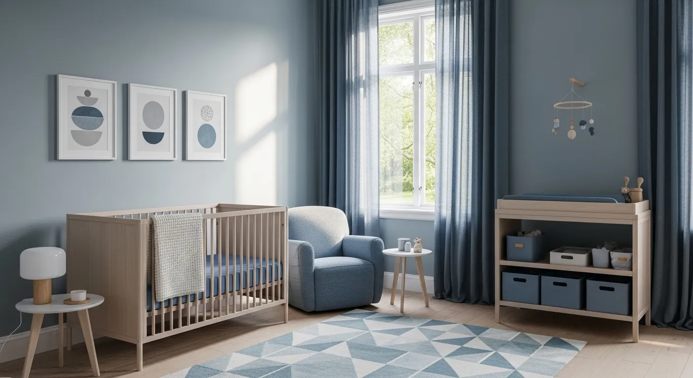 A serene Scandi nursery featuring dusty blue walls, modern crib, and cozy decor.