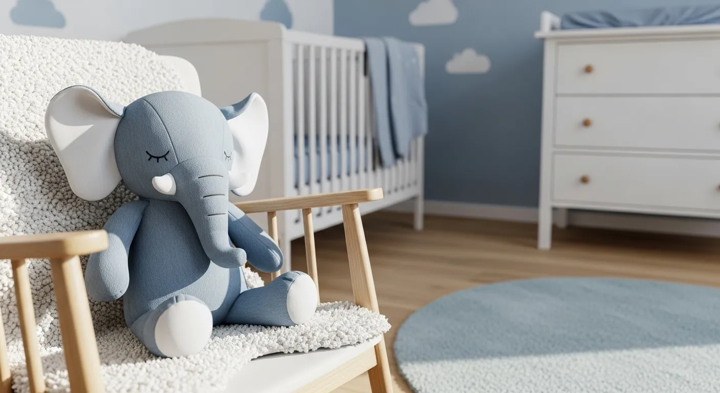 Scandi-style nursery featuring dusty blue walls, a plush elephant toy, and cozy decor for kids.