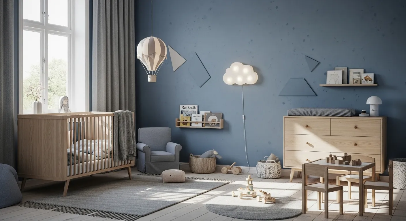 Cozy Scandi nursery featuring a dusty blue color palette, wooden furniture, and playful decor.