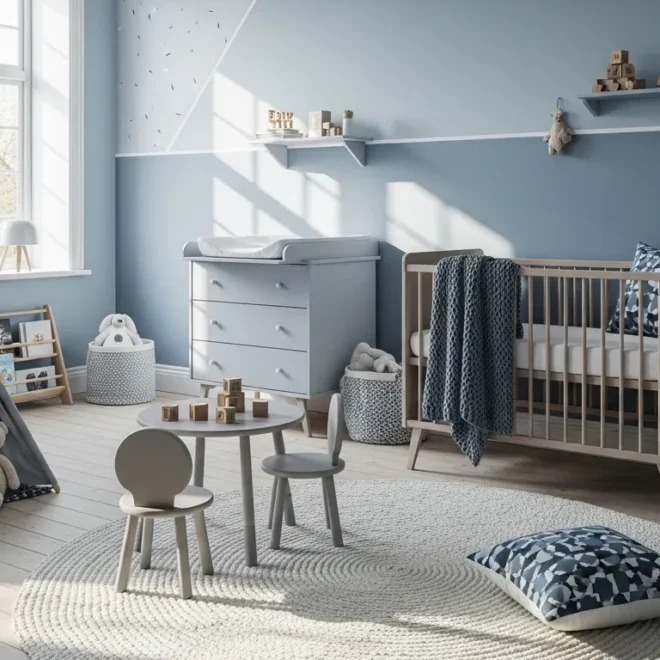 Scandi-style nursery featuring dusty blue walls, a crib, and playful decor.