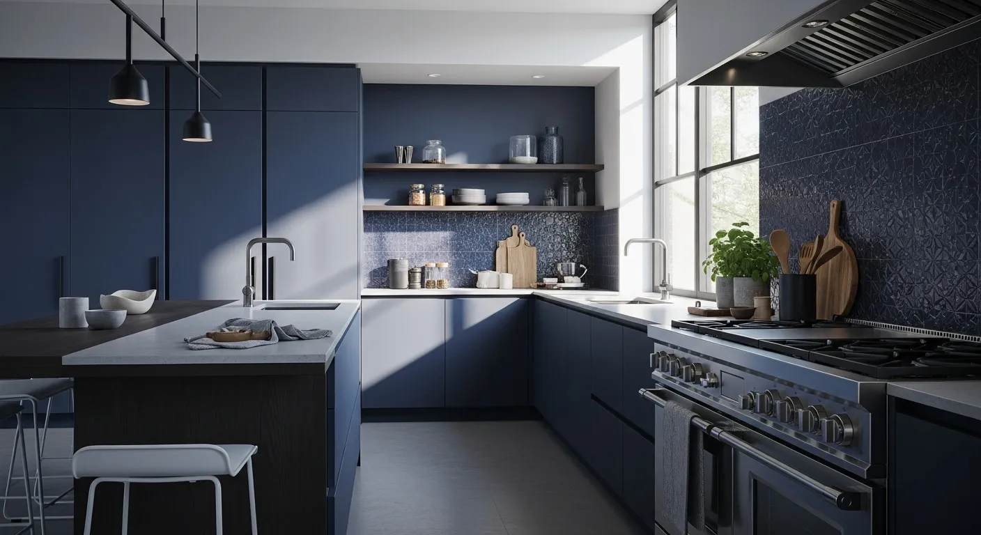 Modern kitchen design featuring indigo cabinets and decor for a stylish atmosphere.