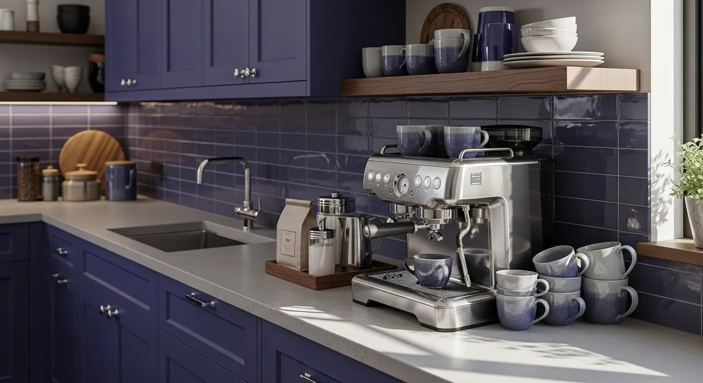 Modern kitchen design featuring indigo cabinets and accents for a fresh everyday look.