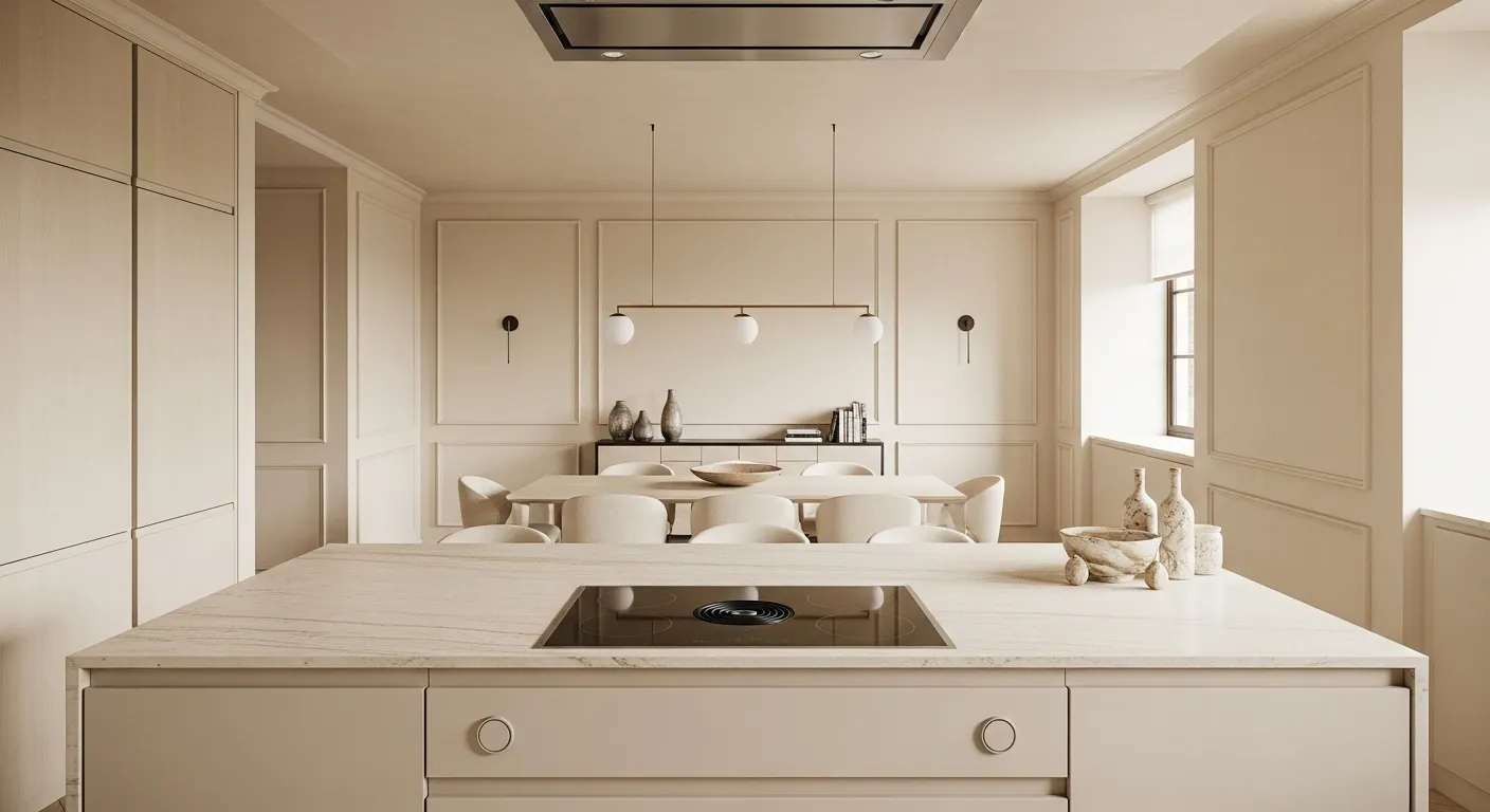 A serene minimalist kitchen in cream tones with elegant decor and light fixtures.