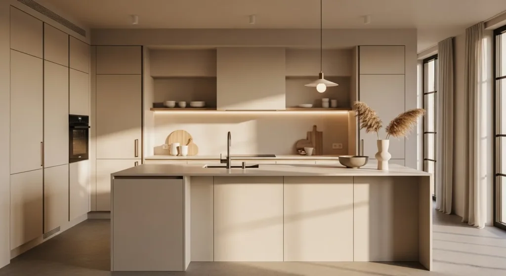 A serene minimalist kitchen featuring a cream color palette, clean lines, and soft natural light.