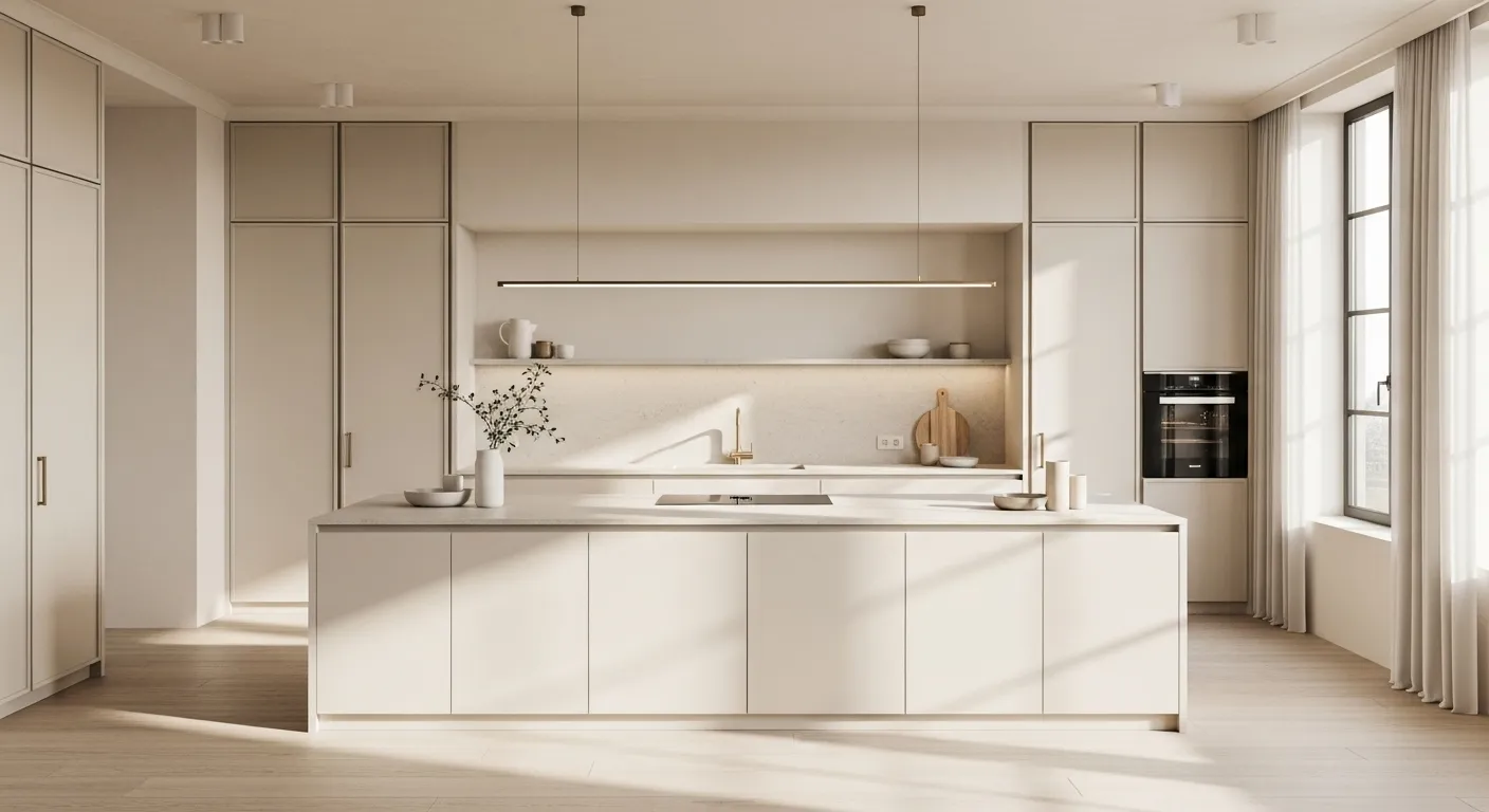 Stylish minimalist kitchen in cream colors featuring sleek cabinets and natural lighting.
