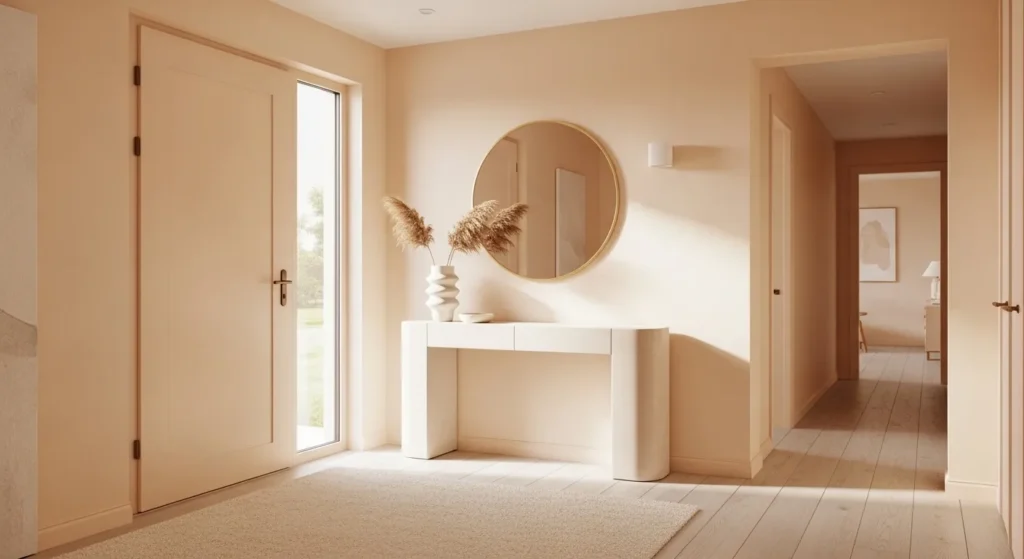 Stylish minimalist entryway design featuring creamy peach color palette and modern decor.