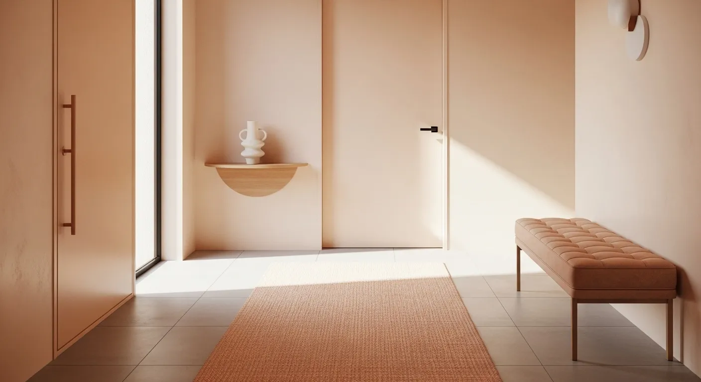Stylish minimalist entryway featuring creamy peach tones for a warm atmosphere.