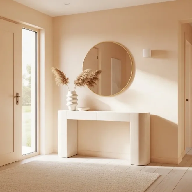 Stylish minimalist entryway design featuring creamy peach color palette and modern decor.