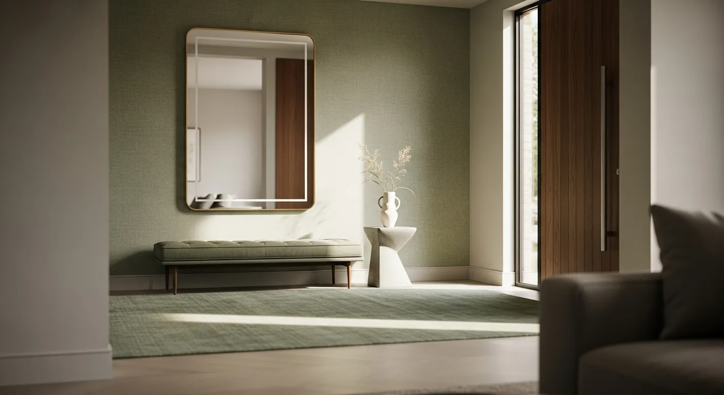 Stylish minimalist entryway featuring sage green walls, a bench, and a decorative vase.
