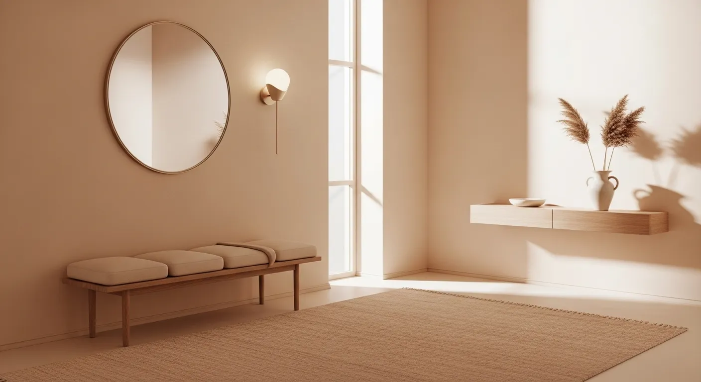 Minimalist entryway design in creamy peach tones featuring a mirror and wooden bench.