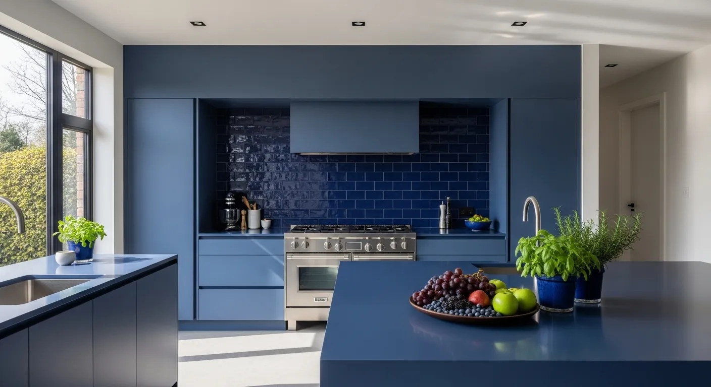 Modern kitchen design featuring an indigo color palette with stylish cabinetry and decor.