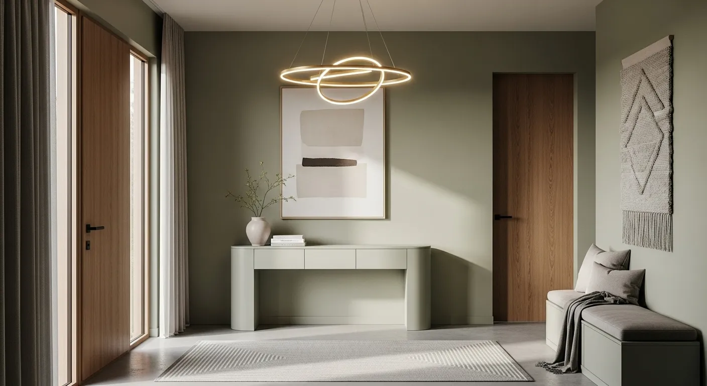 Minimalist entryway design with sage green walls and modern decor elements